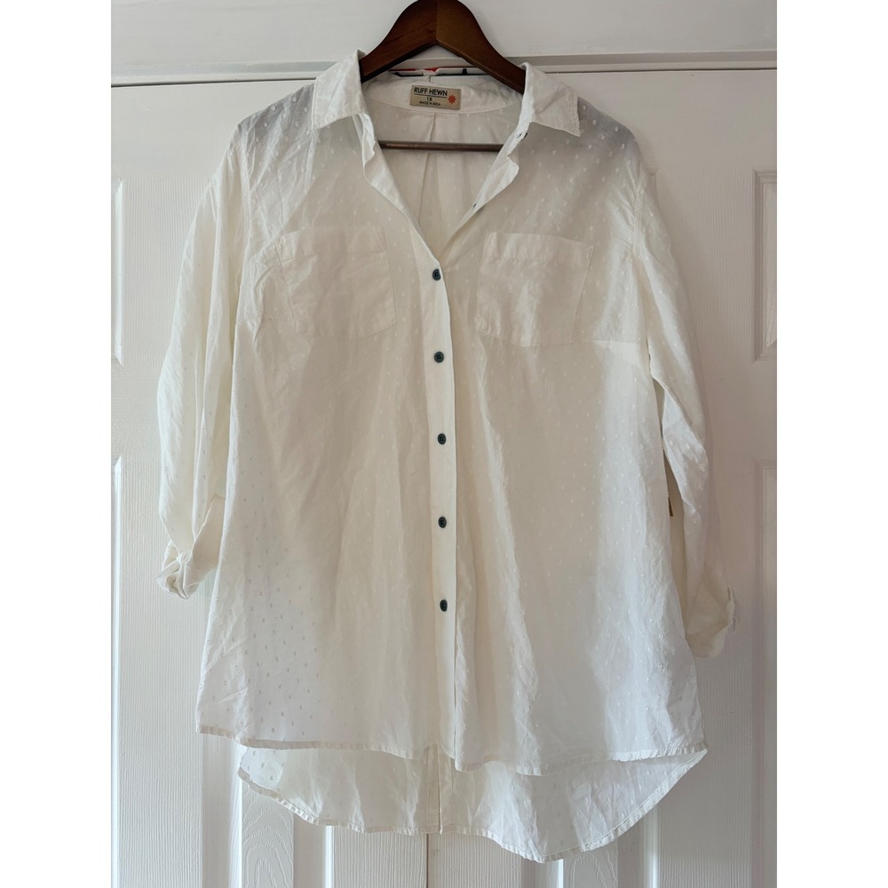 Ruff Hewn White Swiss Dot Button Down Shirt Split Back Women 1X New